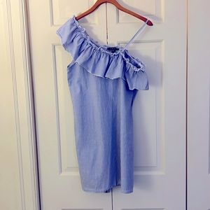 Pinstripe light summer dress/swim coverup with one shoulder ruffle.